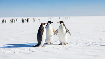 Obraz premium Three penguins stand on bright snow under a clear blue sky.