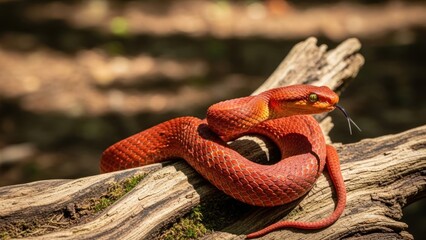 Fototapeta premium Bright red snake coiled on weathered wood in sunlight.