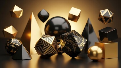 Elegant black and gold geometric shapes floating in a golden light