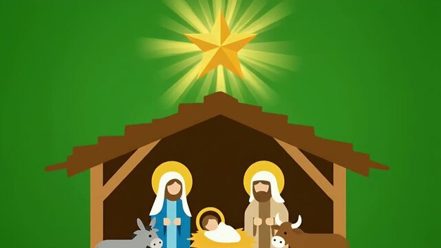 Illustrated Nativity Scene Holy Family In Manger Under Star.