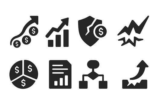 Anti-Fragile Business Icons. Solid style icons of anti-fragile business models: flexible revenue path, profit after crisis icon,
