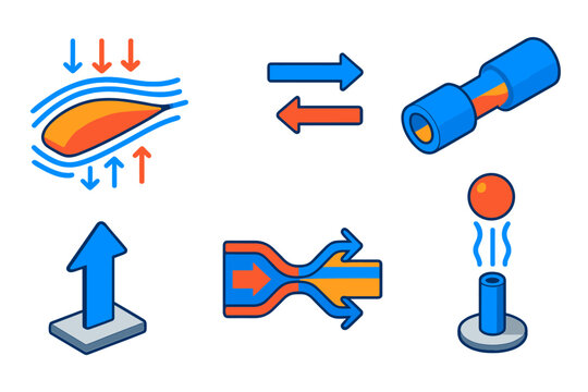 Bernoulli's Principle Icons. Isometric vector illustration set Bernoulli&rsquo;s Principle: airfoil cross-section, pressure difference