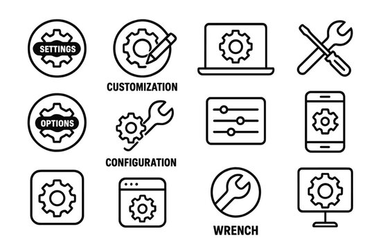Essential symbols for system settings, customization, technical support, and maintenance options