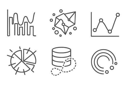 Algorithmic Art Icons. Line style icons of data-driven algorithmic art: bar chart distortion, scatter plot abstraction, line graph