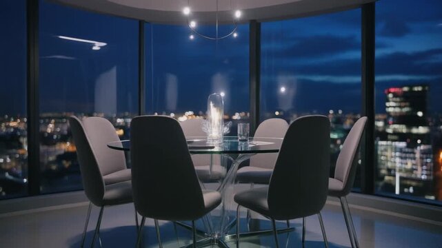 An empty contemporary conference hall features rows of chairs and a sleek meeting table within a professional business boardroom interior design