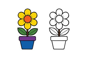 Cartoon Flower in Pot Logo with Colored and Outline Versions, Fun and Playful Plant Illustration for Kids.  Resize and Editable , EPS 10.