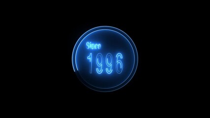 Since 1996 neon line text. Abstract 1996 neon text animation ,For neon color Glowing neon number text background 4k video animation with neon circle animation.