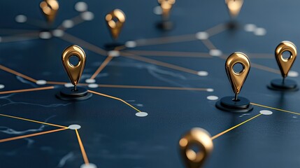 Aerial view highlights a modern city with digital network connections and floating map pins over buildings near a wide river