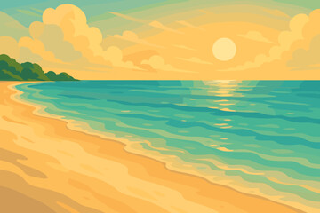 Tranquil Beach Paradise. Scenic beach with calm turquoise water and white sand vector illustration illuminated by golden sunlight,