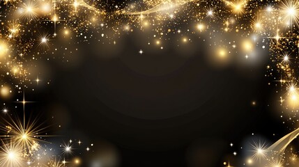 A dazzling display of gold glitter and shining particles illuminates a dark canvas, creating an enchanting, festive ambiance perfect for celebrations