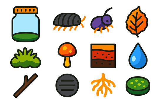 Vivarium Icon Set. Flat vector icons of Vivarium Ecosystem: closed glass jar, isopod crawling, springtail insect, decaying leaf,