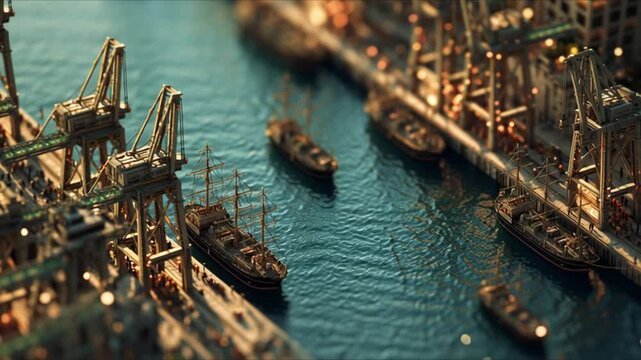 Colorful 3D cartoon seaport: detailed golden harbor in motion with ships, cranes, containers and sunny ocean mood