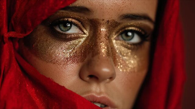Golden Red Mystery: A hyper-realistic close-up of a mystical enigmatic woman with a stylishly painted beautiful and expressive face