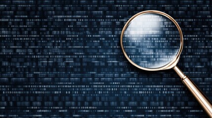 A magnifying glass examines blue binary code, illustrating the importance of data analysis in digital advertising and marketing research