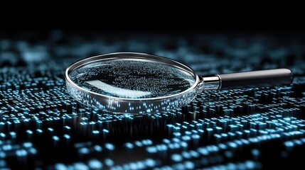 A magnifying glass examines blue binary code, illustrating the importance of data analysis in digital advertising and marketing research