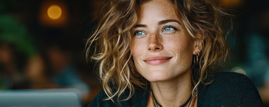 Smiling woman with curly hair enjoying coffee in a cozy cafe