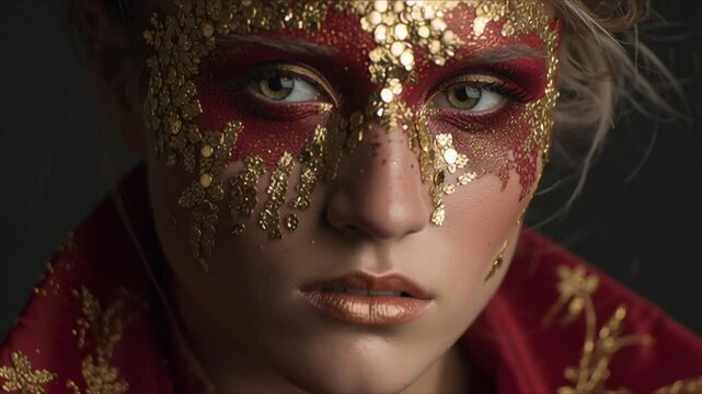 Golden Red Mystery: A hyper-realistic close-up of a mystical enigmatic woman with a stylishly painted beautiful and expressive face