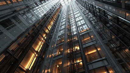 A high-quality cinematic shot of the courtyard of a modern skyscraper. The camera pans upward from the ground level, capturing the tall glass walls rising in perfect symmetry around the viewer