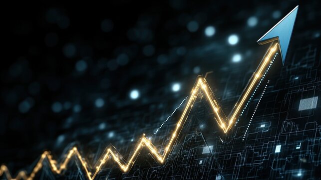 An abstract background features a blue arrow and an upward stock market graph, symbolizing technological advancements in finance