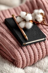 Fototapeta premium Cozy flat lay of a black notebook with blank pages, a gold pencil, cotton stems, and a pink knit sweater