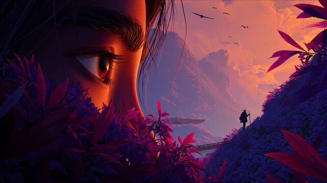 Giant Nature Goddess Face Watching a Lone Traveler on a Colorful Overgrown Mountain Slope &mdash; Epic Symbolic Close-Up