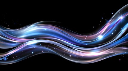 Glowing light trails of fast-moving cars create an abstract speed motion effect on a highway illuminated by red and blue lights at night