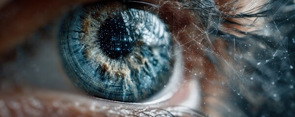 Close-up of a human eye blended with digital circuitry and futuristic connectivity