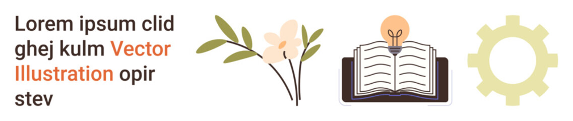 Education, innovation, knowledge sharing, creativity, growth, self-development. Open book with a glowing light bulb, gear and floral detail. Education and innovation with creative ideas