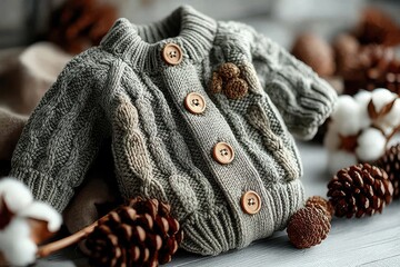 Grey knitted baby romper with wooden buttons, cozy texture, and autumn pine cone décor