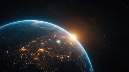 A glowing blue hologram of Earth displays continents and oceans, illuminated by global network connections with a focus on South Asia.