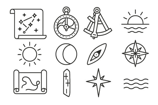 Maritime Navigation Icons. Line style icons of maritime navigation: star chart, astrolabe, sextant, horizon; sun disk, moon phase,