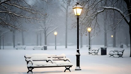 A snow-covered park bench illuminated by a lamppost on a foggy winter evening.