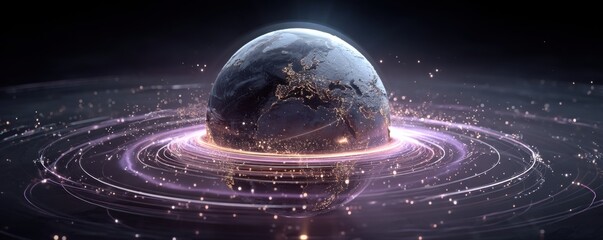 Globe surrounded by glowing rings and digital light trails, a futuristic data visualization in neon colors