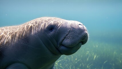 Fototapeta premium Gentle Giant - A Manatees Serene Underwater Portrait.