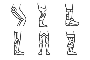 Lower-Body Exosuit Icons. Line style icons of lower-body exosuits: hip joint actuator, knee support exo, ankle stabilizer icon,