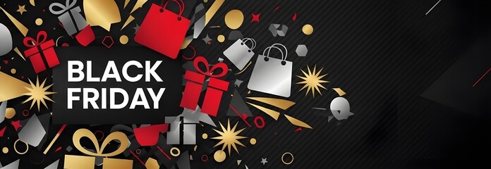 Obraz premium Black Friday Sale Banner Design Template with Gifts and Shopping Bags