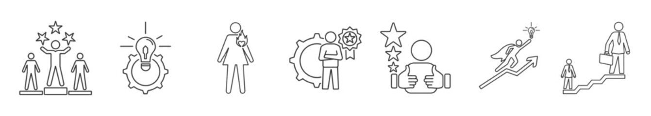 A collection of excellence icons including competence, innovation, passion, service, satisfaction, motivation, success with thin lines and a white background.