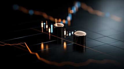 Glowing blue candles illustrate stock market fluctuations against a dark background, symbolizing business dynamics and investment strategies
