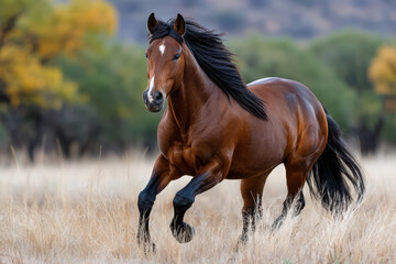 Obraz premium Bay Horse Running Through a Field of Tall Grass