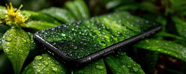 Smartphone with water droplets on the screen resting on lush green leaves with a yellow flower