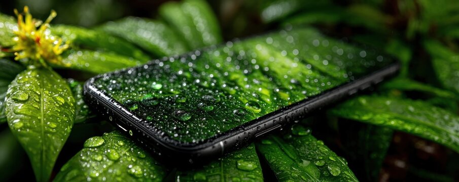 Smartphone with water droplets on the screen resting on lush green leaves with a yellow flower