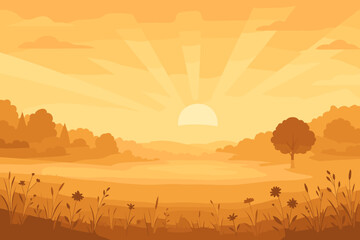 Fototapeta premium Sunrise over Misty Meadow. Scenic vector illustration sunrise over a peaceful meadow with soft mist covering the ground, golden