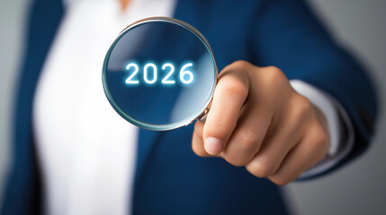 Businessman with Magnifying Glass Highlighting New Year Goals and Opportunities