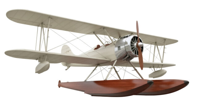 Vintage seaplane PNG isolated on transparent background, antique biplane with floats for aviation history and retro design