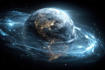Global digital network visualization shows Earth with blue glowing connections and futuristic light trails