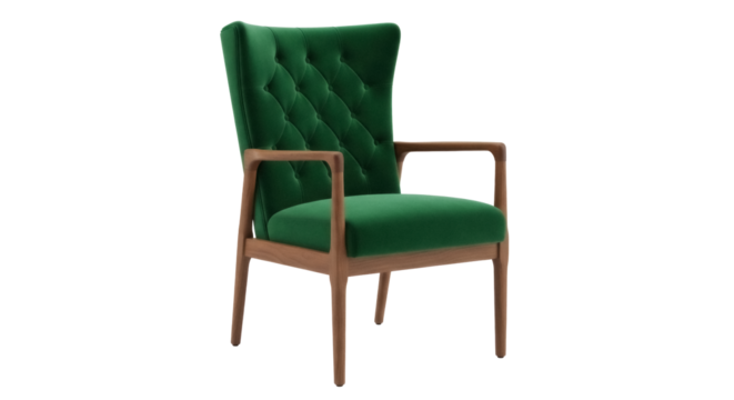 Elegant green velvet armchair isolated PNG, modern wingback chair with wooden frame for living room or lounge area on transparent background - Powered by Adobe