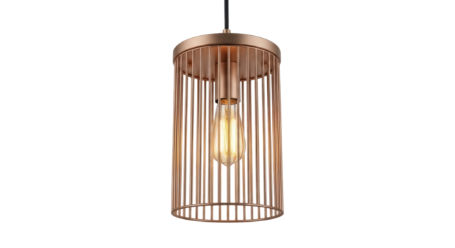 Copper pendant light isolated PNG on transparent background, modern cage design lighting fixture for interior decor and home improvement projects