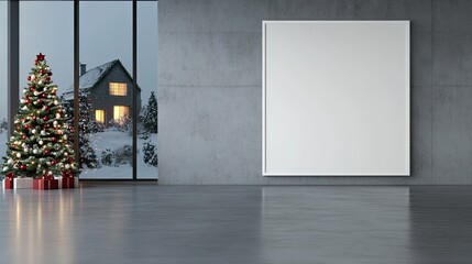 Naklejka premium Cozy living room features a white framed art print, decorated Christmas tree, and gifts around a warm fireplace against a dark wall