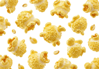 Multiple golden-yellow, fluffy popcorn pieces floating and scattered against a clean transparent background with copy space, emphasizing fresh texture and weightlessness appetizing snack concept