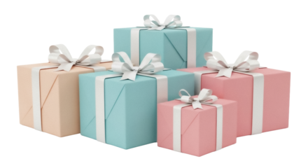 Pastel gift boxes with ribbons isolated PNG, presents for birthday celebration and special occasions on transparent background